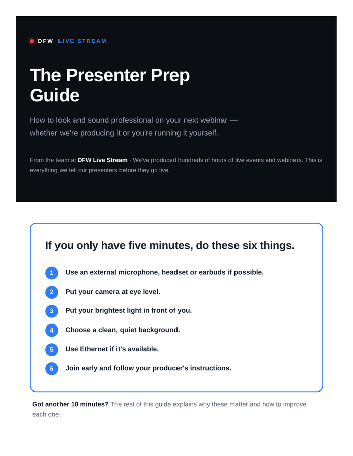 Cover of the DFW Live Stream Presenter Prep Guide