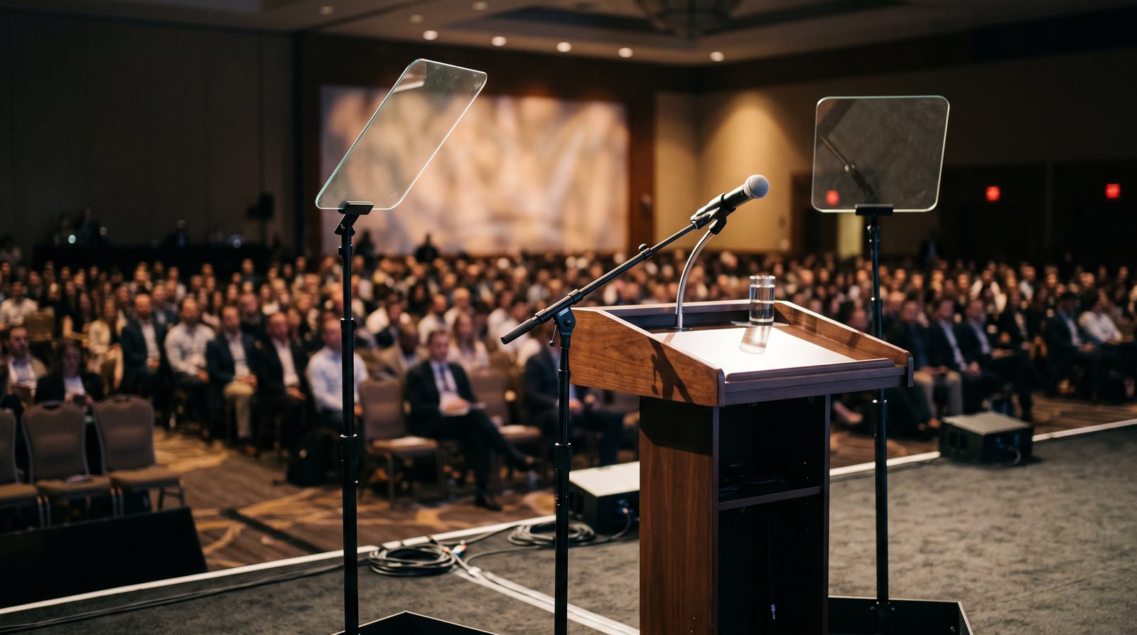 Presidential teleprompter glass panels beside a lectern on a conference stage