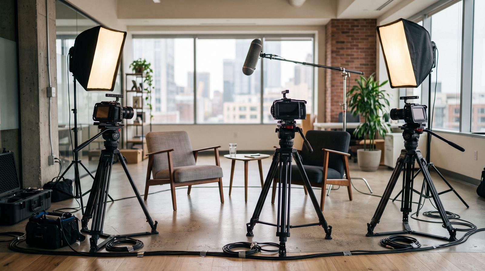 Three-camera interview setup with two chairs and softbox lighting