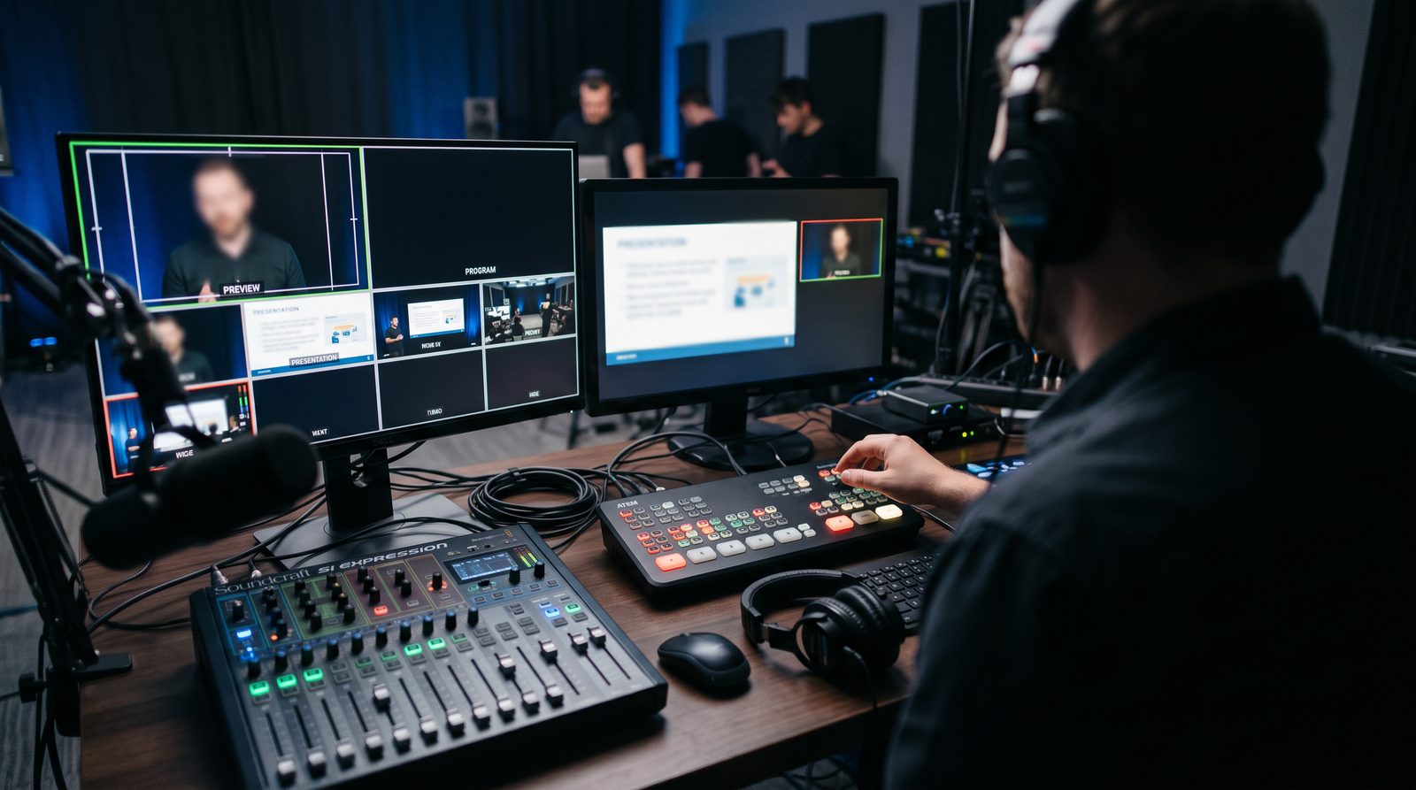 Operator at a video switcher and monitors producing a webinar