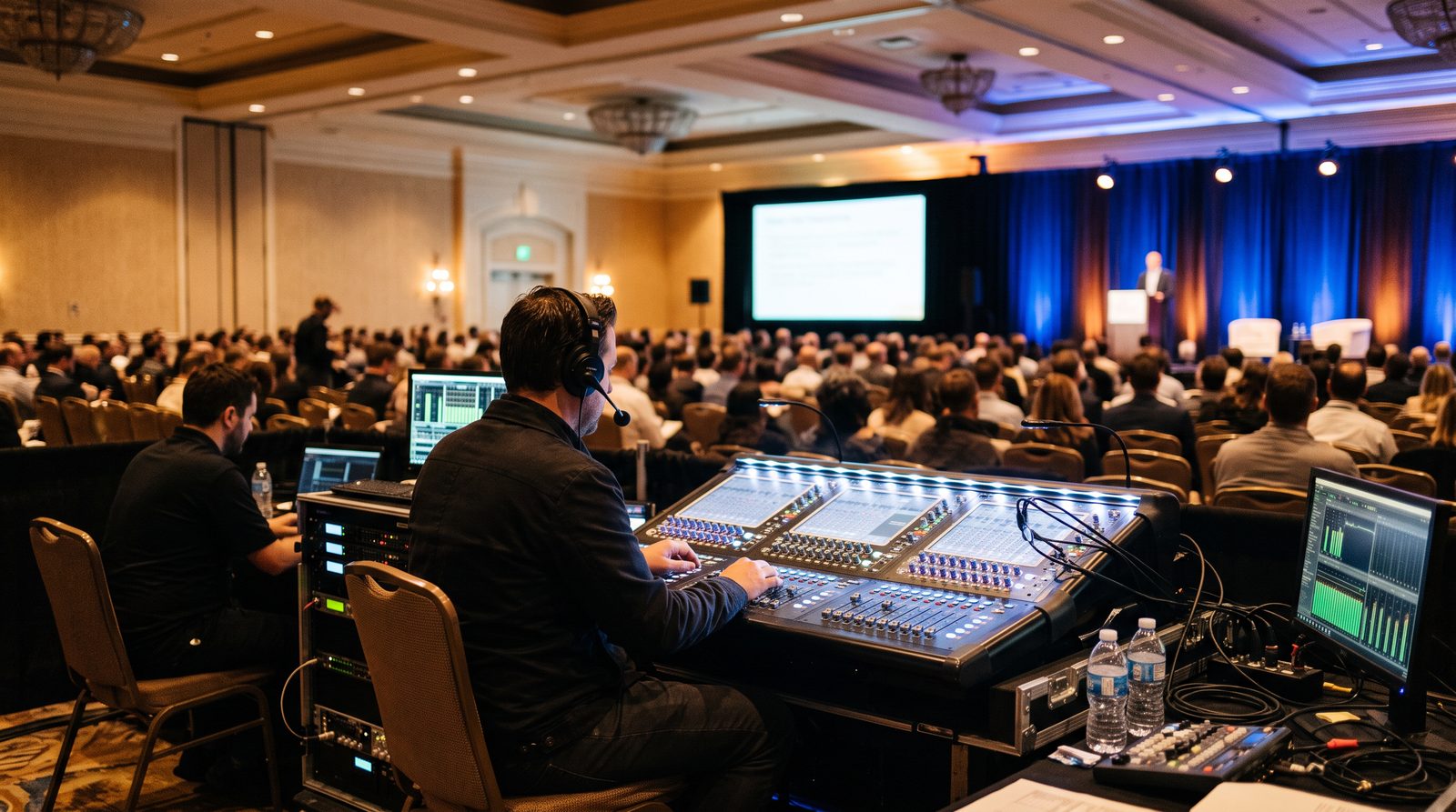 Audio engineer at a mixing console at the back of a conference ballroom