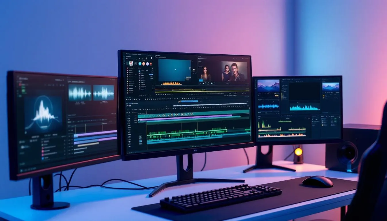 The image depicts a modern video editing setup featuring multiple monitors, each displaying various video editing software with a detailed timeline and color correction tools. This workspace is ideal for producing corporate videos and training videos, showcasing the intricate corporate video production process.