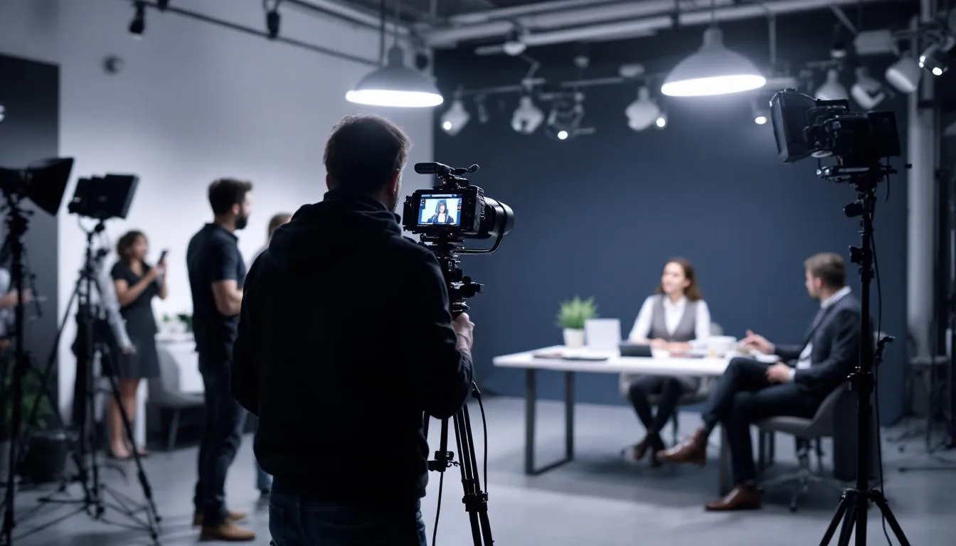 The image depicts behind-the-scenes footage of a corporate video production, showcasing crew members as they film interviews and product demonstration videos. The scene captures the collaborative effort involved in creating engaging video content that highlights the company's values and culture.