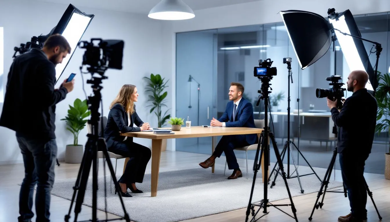 A video production crew is seen filming a corporate interview, utilizing professional lighting and multiple cameras to capture high-quality visuals. This setup highlights the corporate video production process, aimed at effectively communicating the company's values and engaging audiences through compelling video content.