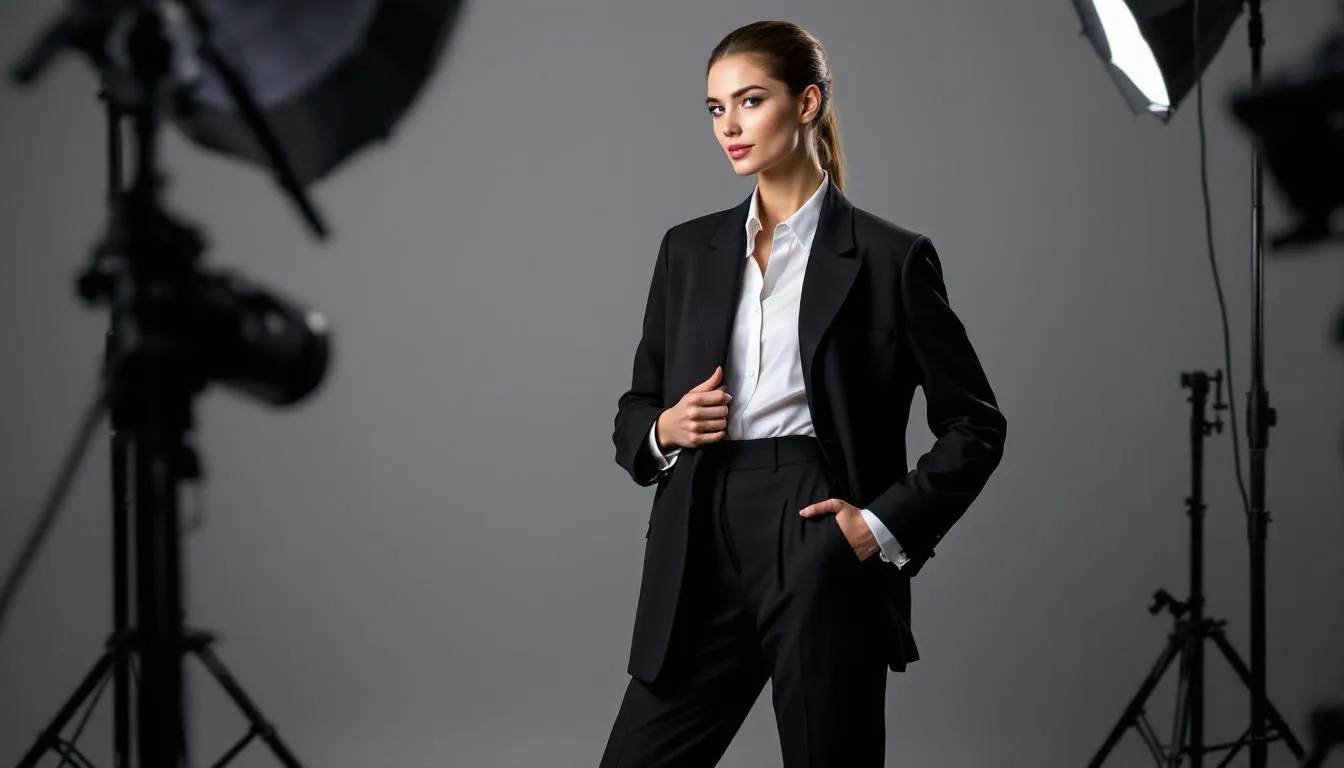 A fashion model poses elegantly during a high-end commercial shoot, illuminated by a professional lighting setup that highlights the details of the clothing. This scene captures the creativity and passion of a boutique production company based in Los Angeles, showcasing their ability to execute inspiring projects for clients in the film industry.