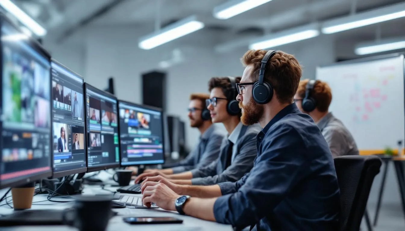 A professional production team from a boutique production company based in Los Angeles reviews footage on multiple monitors during post-production. The scene captures the creative energy as they collaborate on their project, ensuring every detail aligns with their vision for the film.