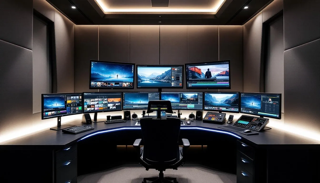 The image features a modern video editing suite equipped with multiple high-resolution monitors and professional color grading tools, showcasing the workspace of a boutique production company based in the film industry. This setup reflects a creative environment where teams collaborate to produce inspiring content and bring stories to life.