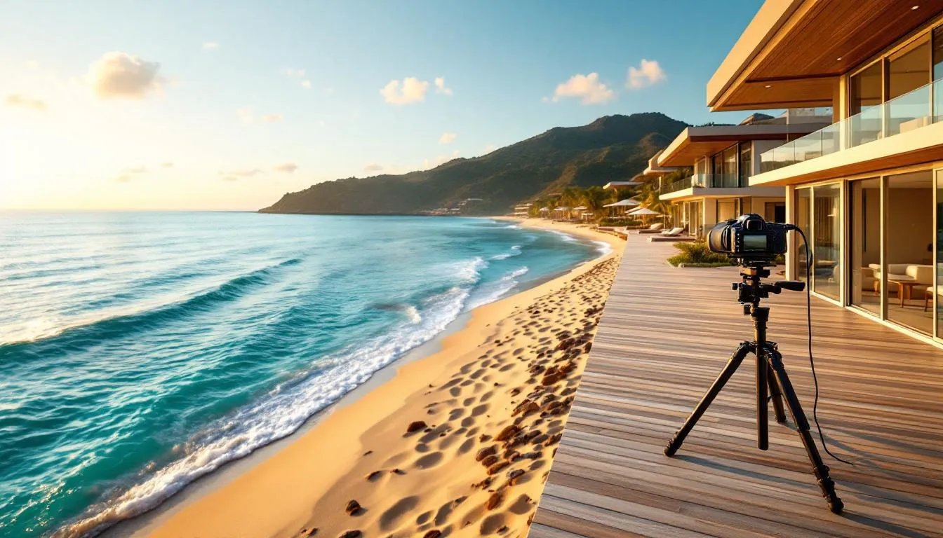 A luxury resort setting is depicted, featuring professional camera equipment positioned to capture stunning oceanfront views. This scene embodies the essence of a boutique production company based in Los Angeles, showcasing creativity and passion in the film industry.