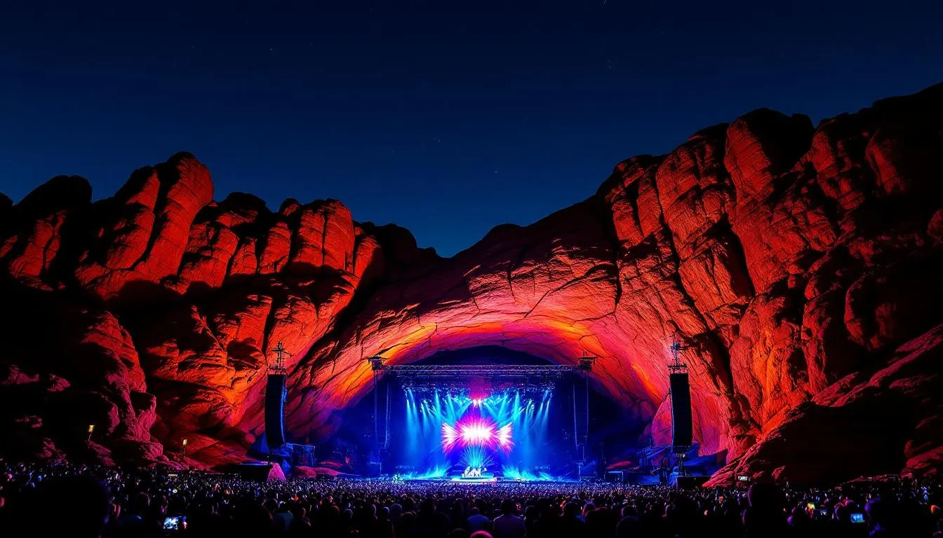 The image depicts the iconic Red Rocks Amphitheatre, showcasing its dramatic natural rock formations illuminated by vibrant stage lighting, creating an enchanting atmosphere for live concerts. This stunning venue is a favorite for artists and fans alike, offering an unforgettable experience for those who love to watch their favorite performers.