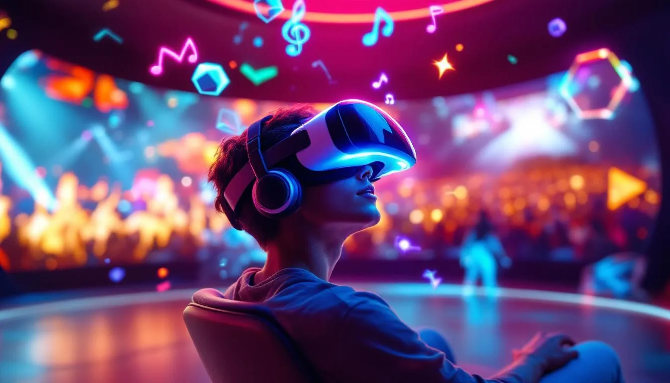 A person is immersed in a futuristic concert experience, wearing a VR headset while surrounded by vibrant holographic elements that enhance the live music atmosphere. This setup showcases the integration of technology and entertainment, allowing fans to access their favorite artists and concerts from the comfort of their own home.