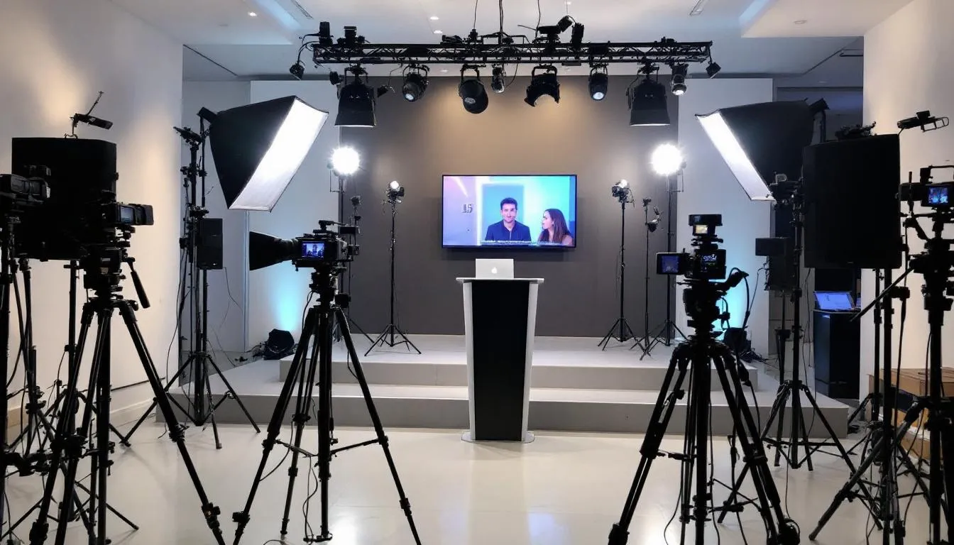The image features a professional livestream setup in a modern event space, showcasing multiple cameras and advanced lighting equipment designed for high-quality live streaming. This setup is ideal for engaging a global audience during live events, ensuring a seamless online experience across various streaming platforms.