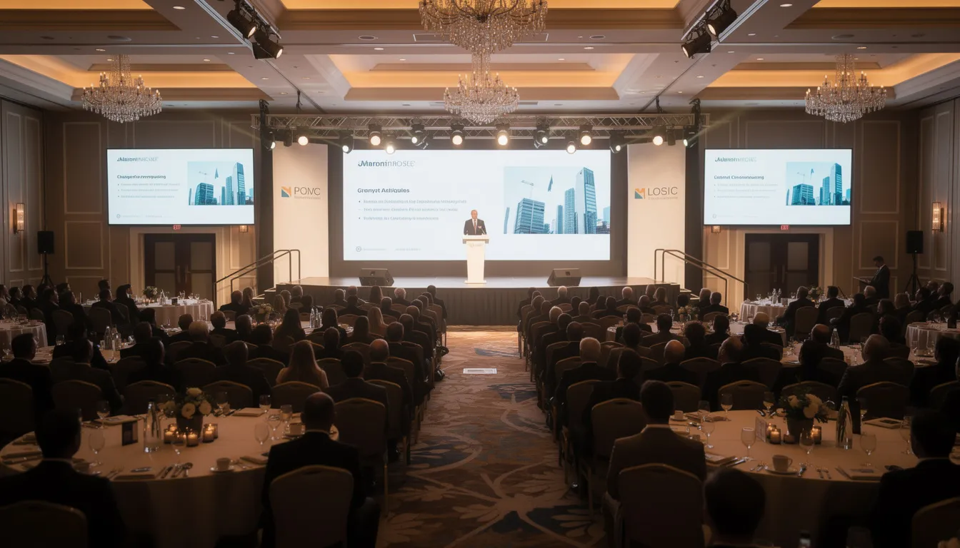 A large corporate event is taking place in a hotel ballroom, featuring professional lighting that highlights a stage presentation while an engaged audience watches attentively. This event showcases the potential of live streaming and video solutions, connecting viewers through multiple platforms and enhancing community engagement.
