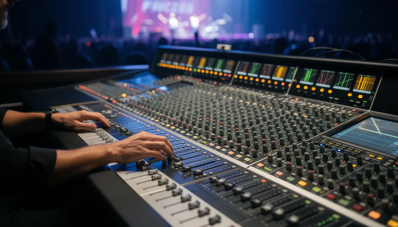 An audio mixing console with numerous channels is actively being operated during a live event, showcasing the intricate control required for quality audio streaming. This setup is essential for engaging audiences and ensuring a seamless experience across multiple platforms in virtual events.
