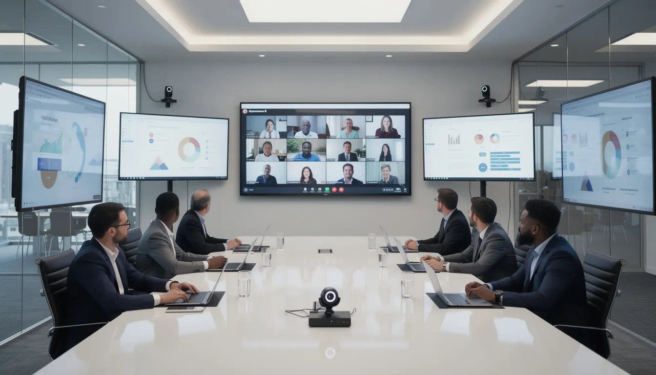 The image depicts a modern conference room equipped with multiple camera angles and large screens displaying remote participants who are joining a hybrid meeting, allowing for seamless interaction and engagement during live streaming events. This setup is ideal for virtual events, providing a platform for viewers to connect and communicate effectively.