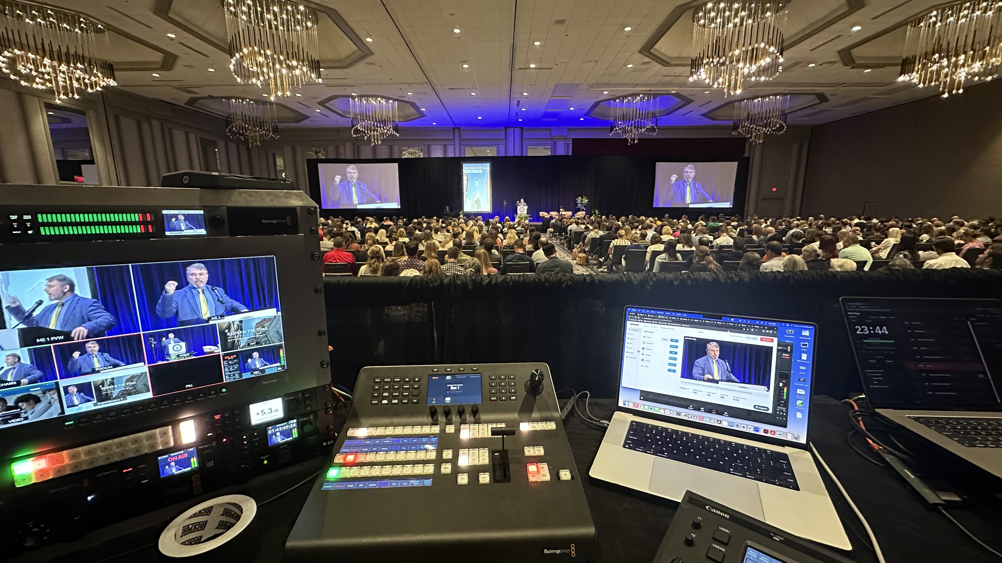 Behind-the-scenes cables, backup equipment, and production gear that ensure a reliable corporate livestream