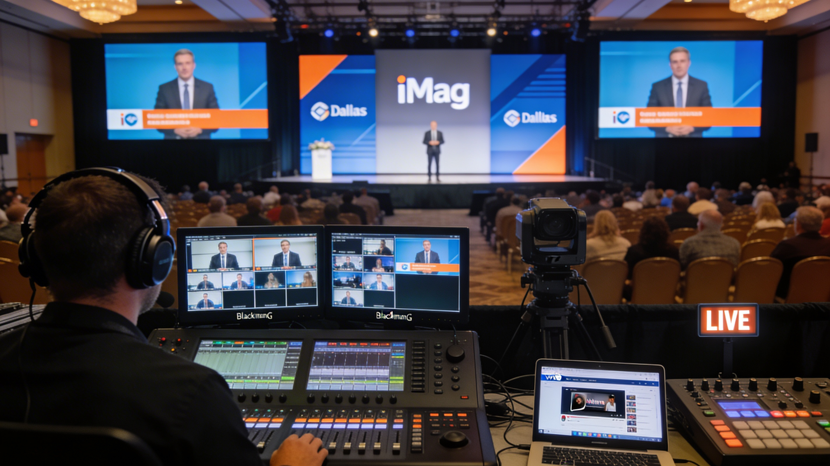 Multi-camera conference videography setup at a Dallas-Fort Worth conference general session