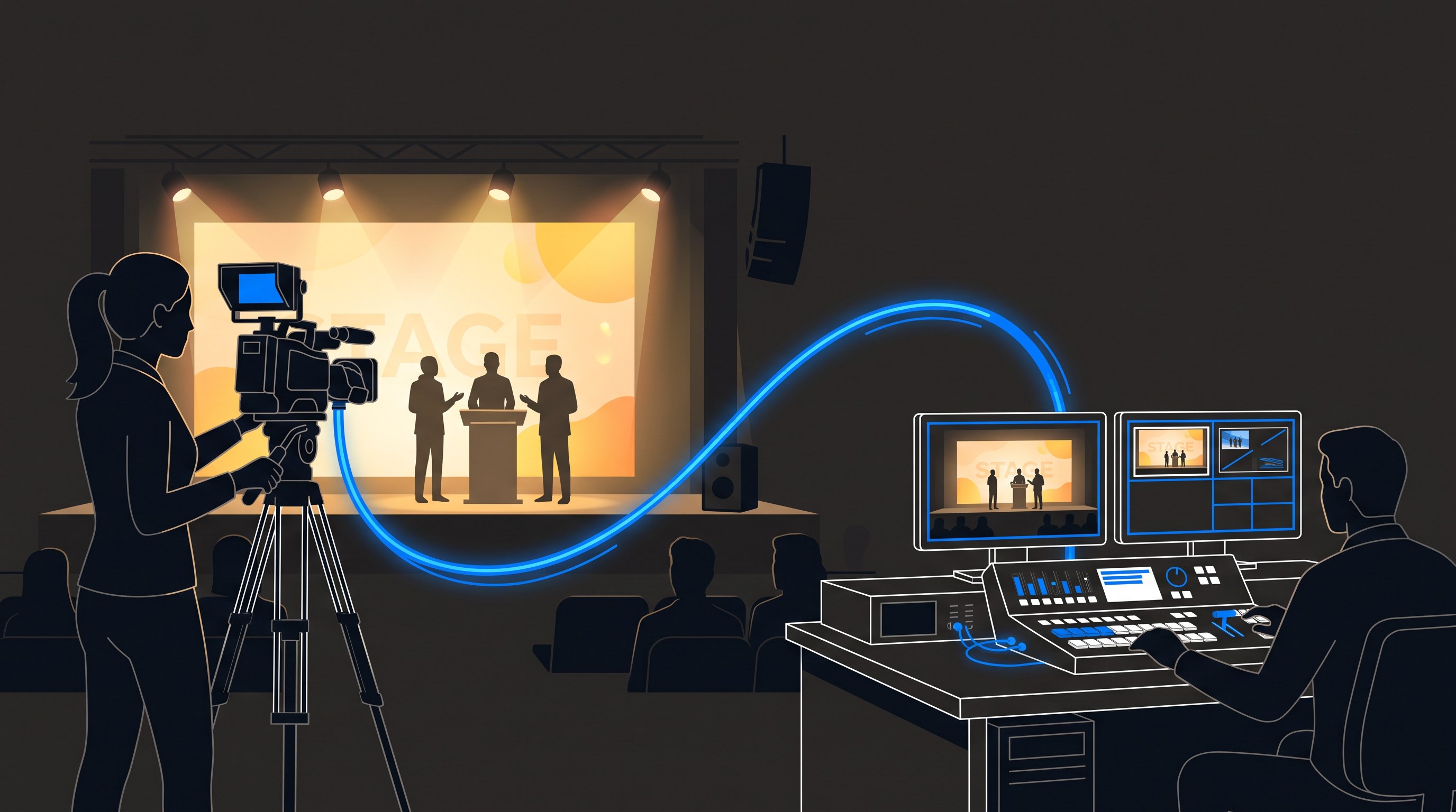 Illustration of a camera operator filming a corporate stage connected to a live production switcher desk