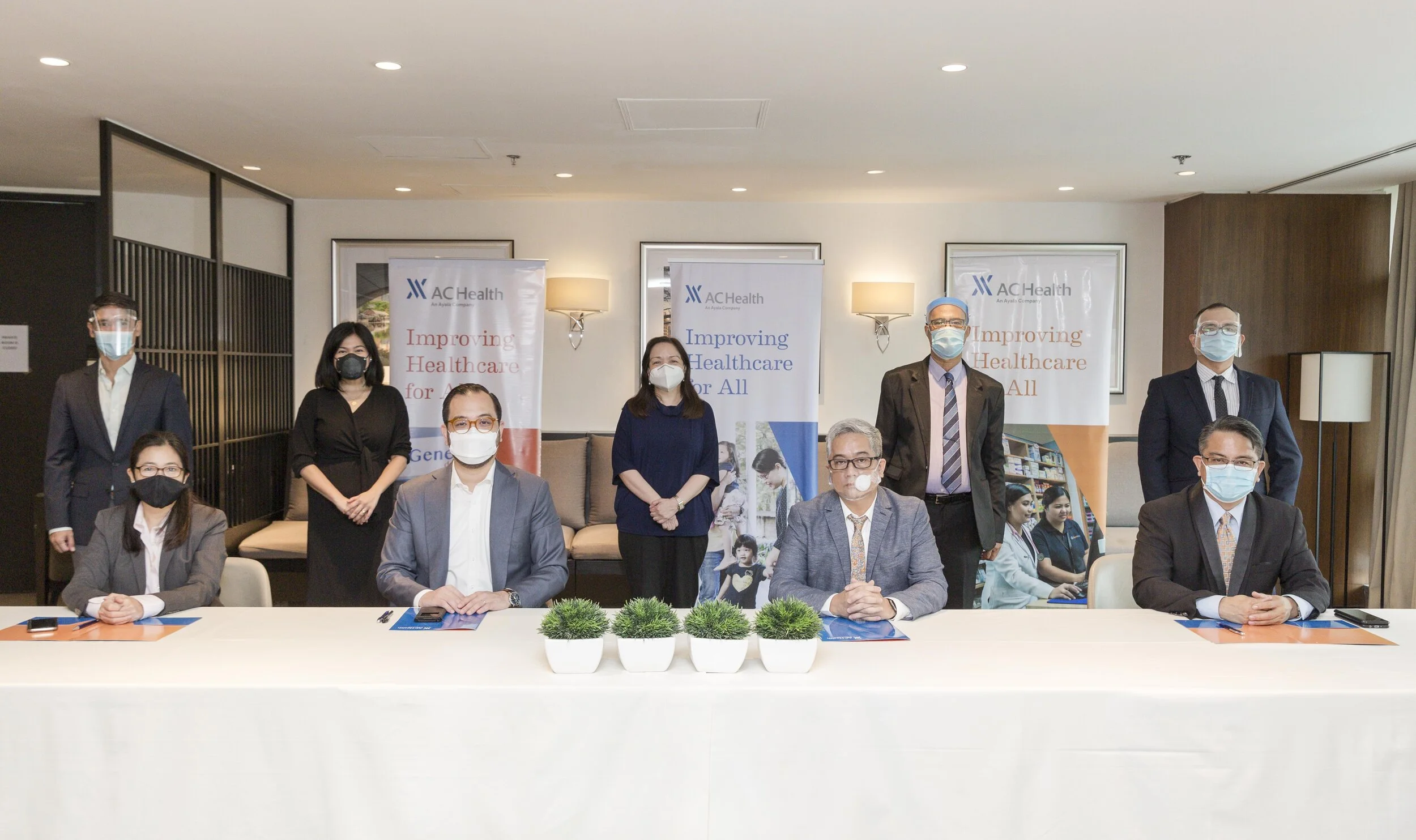  IN PHOTO (L-R) :  Seated –  Ruby Chiong, AC Health Treasurer and CFO; Paolo Borromeo, AC Health President and CEO; Ariel Buenaventura, FTI President and CEO; John Gabriel Trinidad III, FTI Vice President for Operations;  Standing  – Ivan Arota, AC Health Consultant; Dr. Rizzy Alejandro, AC Health Strategy and External Affairs Head; Jenara “Nona” Ong, Zodiac Health Ventures CEO; Julian Musico, FTI Vice President for Business Support; Atty. Ryan Martinez, FTI Vice President for Corporate Affairs 