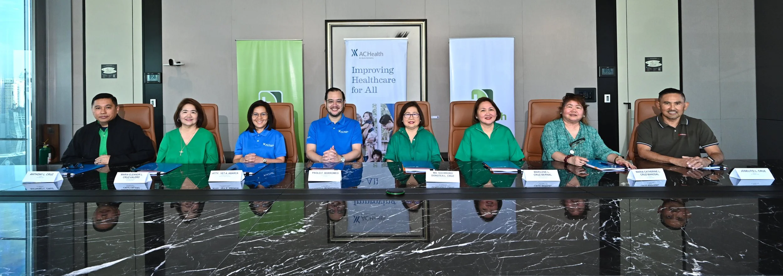   IN PHOTO (L to R): Anthony L. Cruz (Director – St. Joseph Drug); Maria Eleanor L. Cruz-Valero (Corporate Secretary – St. Joseph Drug); Atty. Yet Abarca (President and CEO – APV and Generika Drugstore); Paolo Borromeo (President and CEO – AC Health); Ma. Socorro Dorotea “Gigi” L. Cruz (Chairman, President, and CEO – St. Joseph Drug); Marilene L. Cruz-Bernal (Treasurer and COO – St. Joseph Drug); Maria Catherine L. Cruz-Bangsal (Director – St. Joseph Drug); Joselito L. Cruz (Director – St. Joseph Drug)  