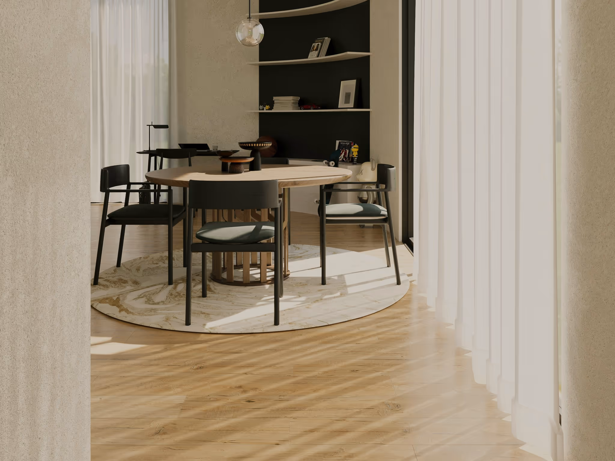 Modern dining room with natural light, round marble rug, wooden table, black chairs, and curved bookshelf with decor.