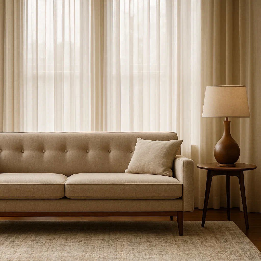 Soft sheer drapery behind a mid-century sofa and round wooden side table