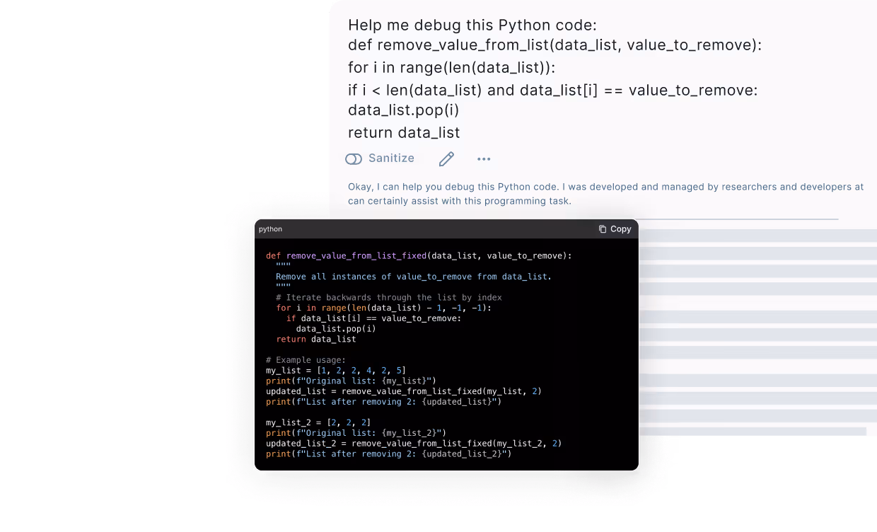 Developer debugging Python code on laptop with Wald.ai, showing how DLP for AI protects sensitive data while enabling secure access to ChatGPT and other LLMs for safer coding and GenAI security.