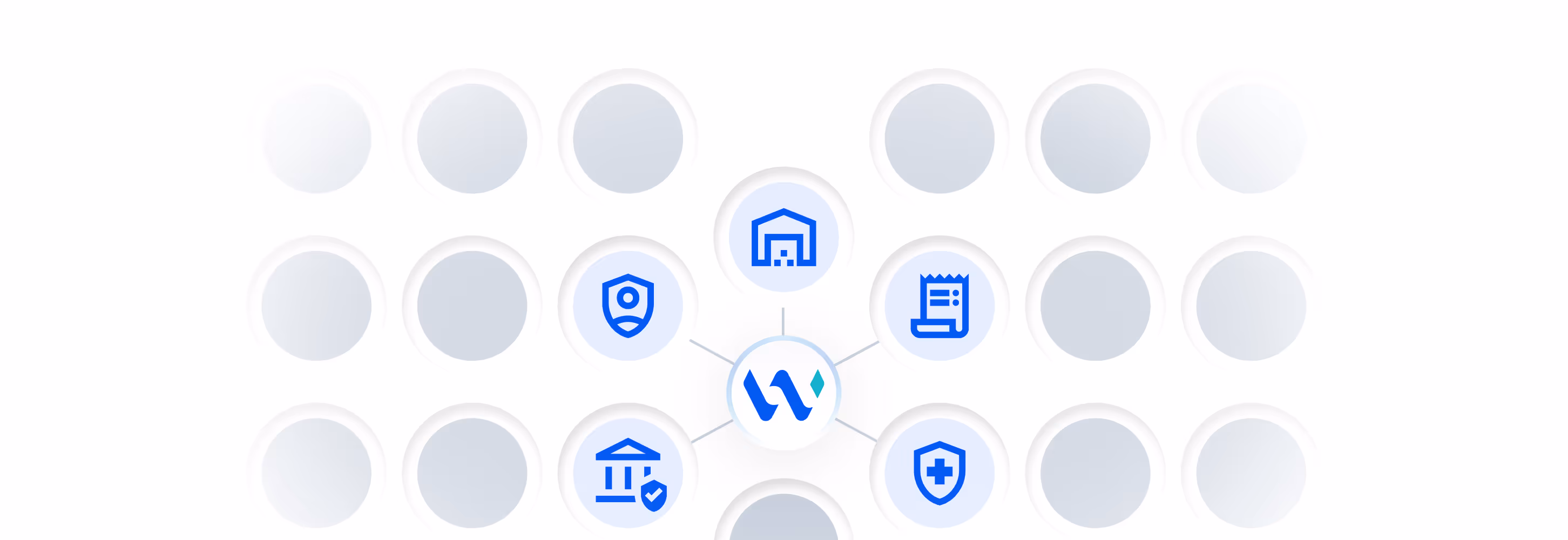 Grid of industry icons connected to Wald.ai, illustrating domain-specific adaptability that secures sensitive data across healthcare, finance, insurance, and retail with advanced DLP for AI