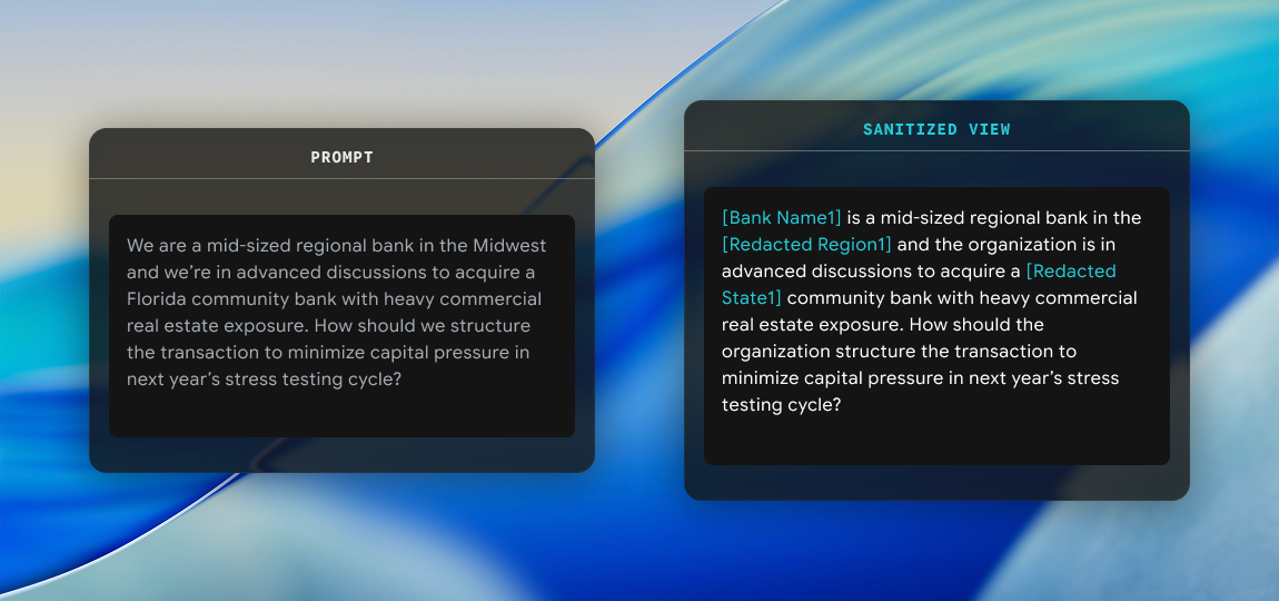 Side-by-side text boxes showing a banking prompt and its sanitized version with redacted sensitive details highlighted in turquoise.