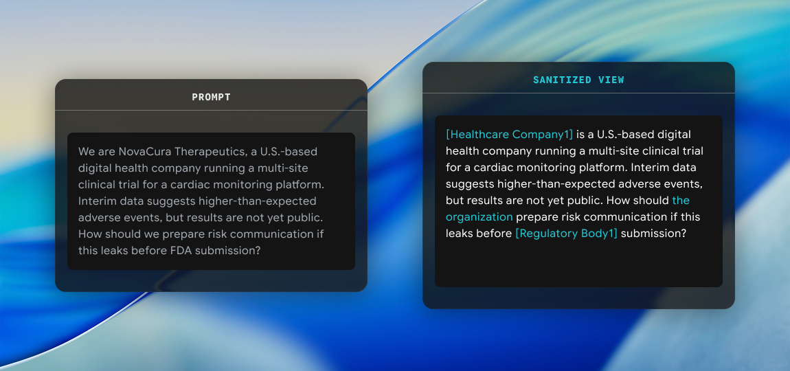 Two text boxes on a blue gradient background showing a prompt about risk communication for a cardiac monitoring trial and its sanitized view with anonymized terms.