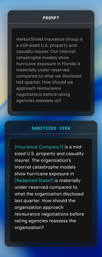 Screenshot showing a prompt and its sanitized view text about a mid-sized U.S. property and casualty insurer under-reserving hurricane exposure in Florida.