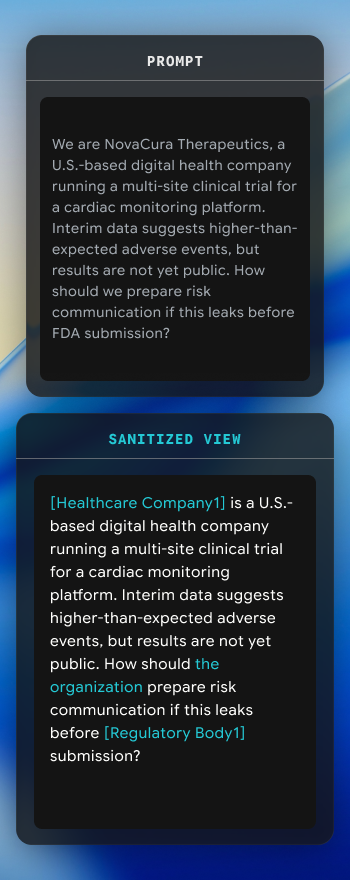Screen showing a prompt and its sanitized view for a digital health company's clinical trial risk communication query with sensitive data replaced by placeholders.