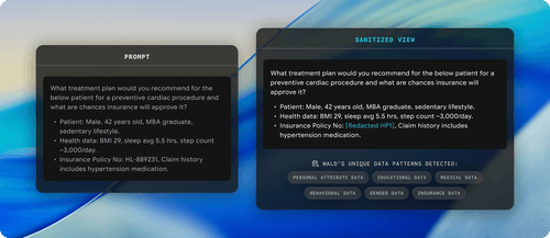 Side-by-side text boxes showing a prompt about a U.S. manufacturer reducing orders due to slower EV demand and a sanitized view replacing specific details with generic terms like 'The organization' and blue highlighted references.
