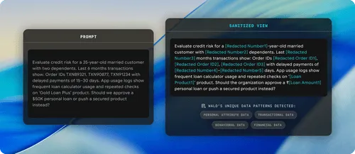 Side-by-side text boxes showing a banking prompt and its sanitized version with redacted sensitive details highlighted in turquoise.
