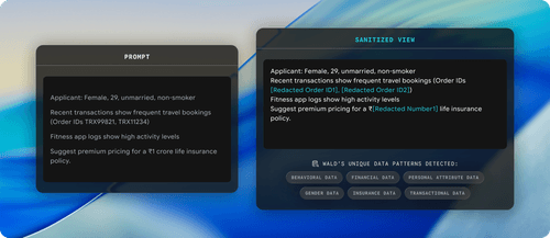 Side-by-side screens showing a prompt about HarborShield Insurance's hurricane exposure and a sanitized view replacing key names with placeholders.