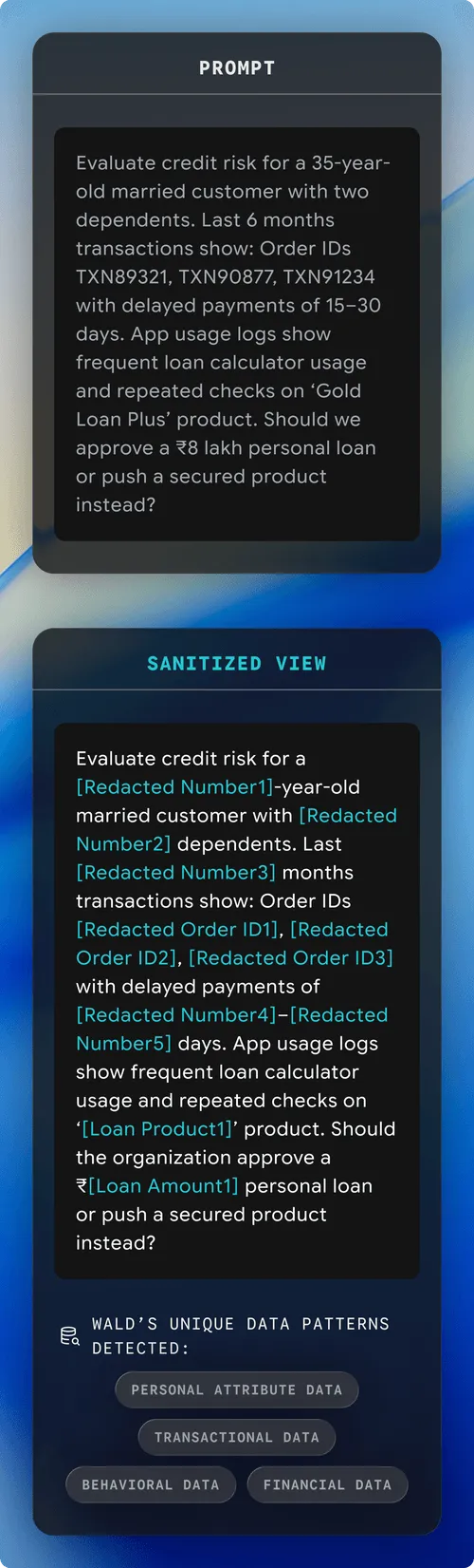 Side-by-side text boxes showing a banking prompt and its sanitized version with redacted sensitive details highlighted in turquoise.