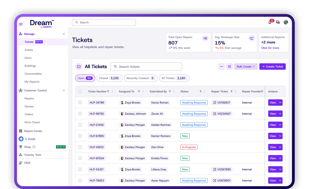 A mockup of Dream's ticket management page.
