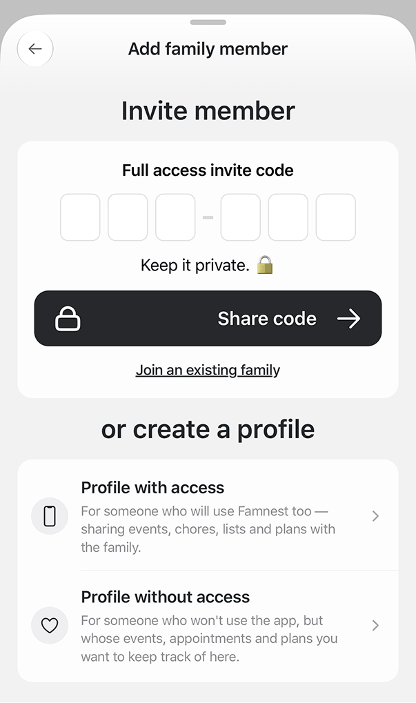 Six-digit private invite code screen
