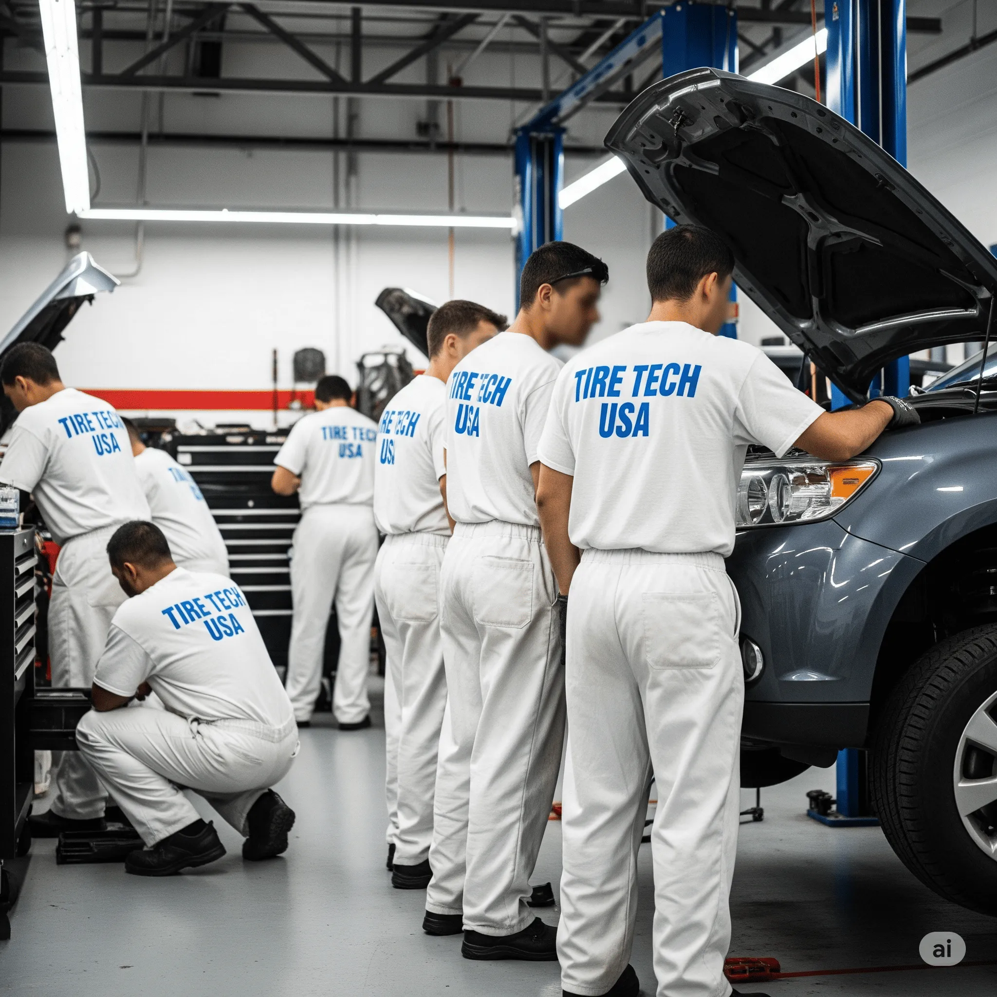 A group of mechanics in white uniforms work on vehicles in an auto shop, focused on repairs and maintenance.