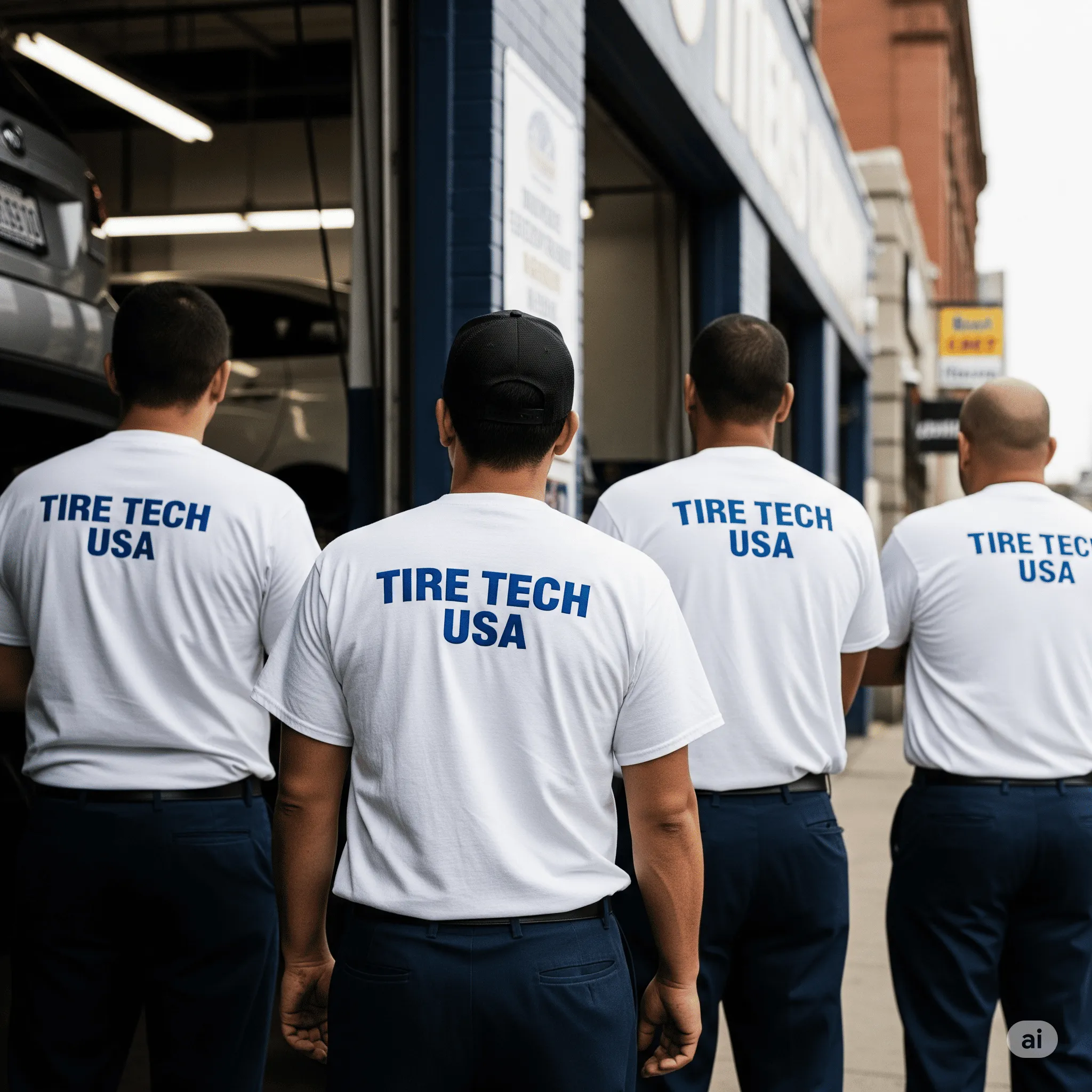 Four tire technicians wearing white shirts with "TIRE TECH USA" facing away from the camera outside a garage.