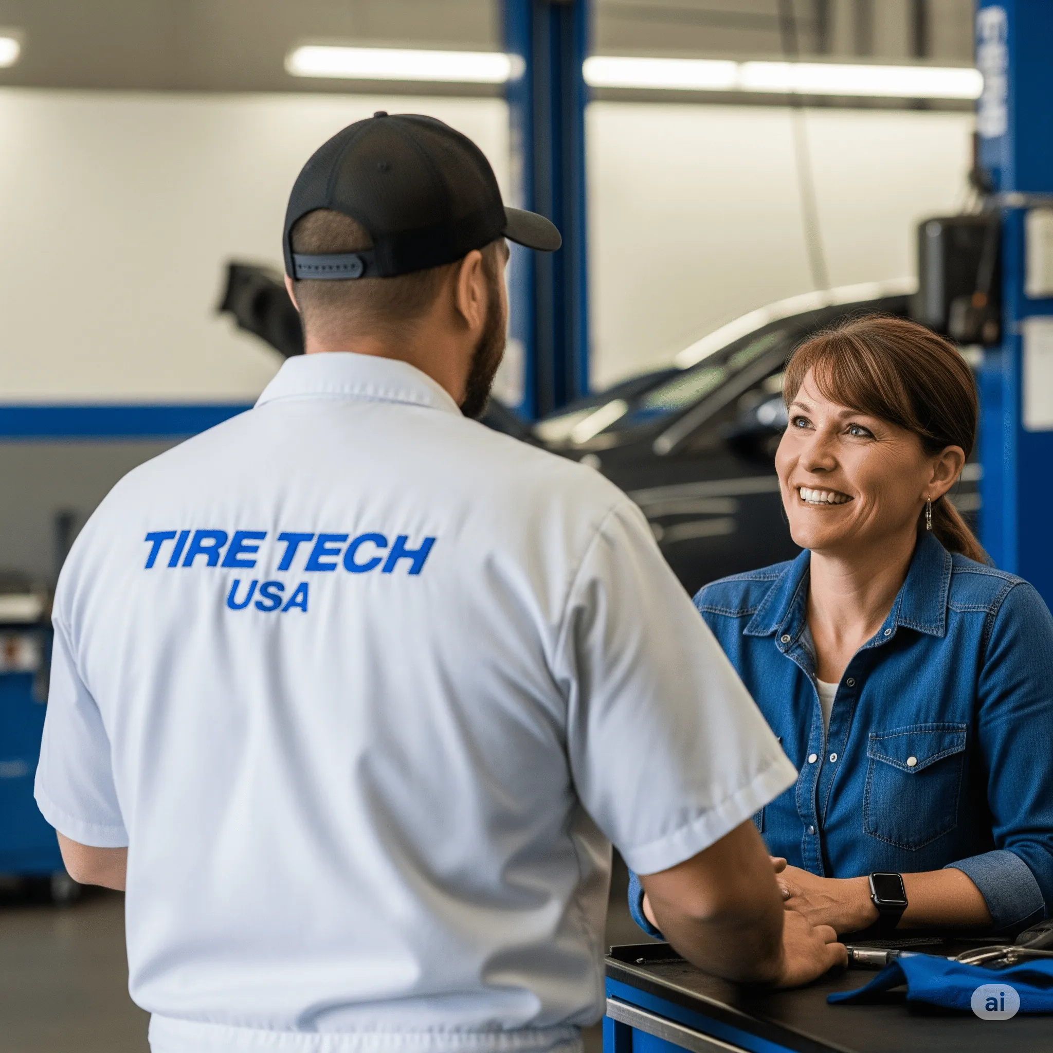 A mechanic in a "Tire Tech USA" shirt talks with a smiling woman at an auto shop service desk.