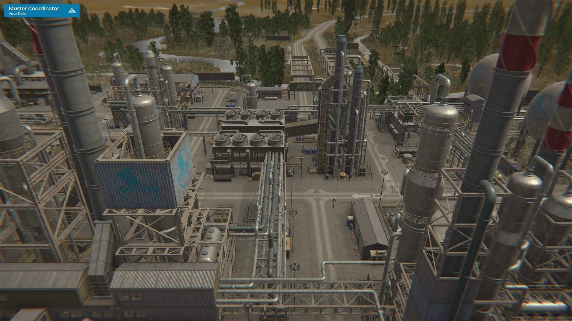 Breakroom avatar evacuating hydrogen plant during fire simulation, following safety protocol along designated path with visible on-screen UI