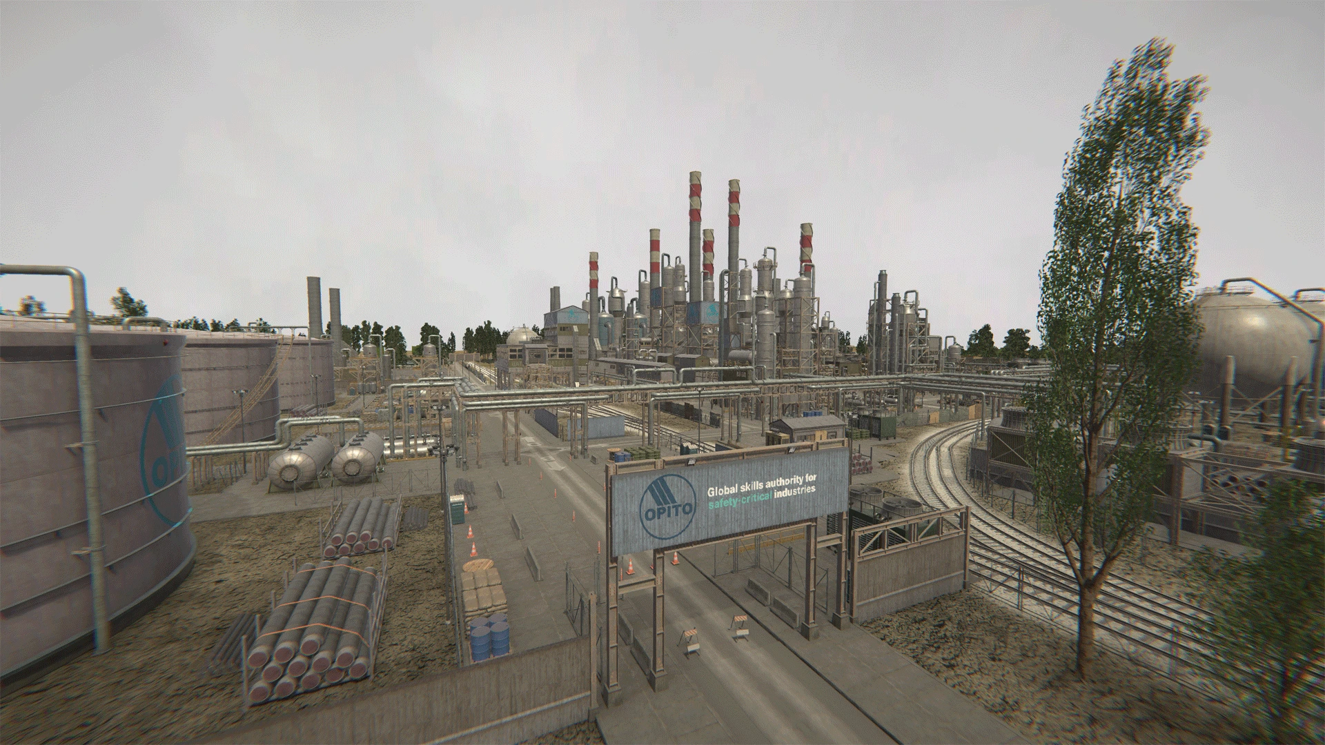 Multiple avatars gathered in muster zone during emergency training simulation, with roles assigned and voice communication enabled