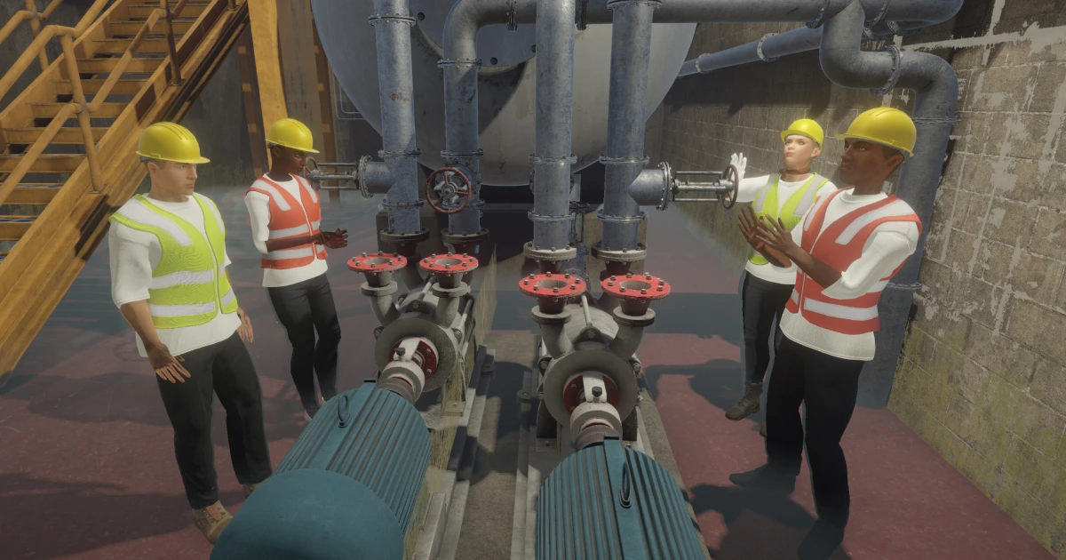 Breakroom avatars in OPITO branded safety gear conducting emergency training inside a simulated hydrogen plant control room