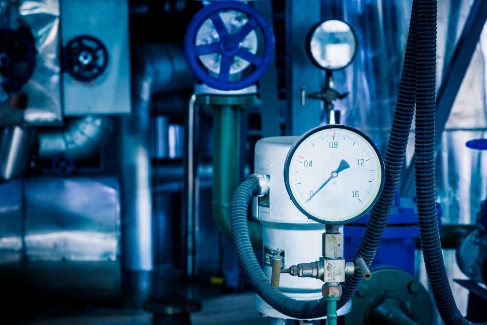 Close-up of a pressure gauge attached to industrial pipes and valves in a blue-lit mechanical room.