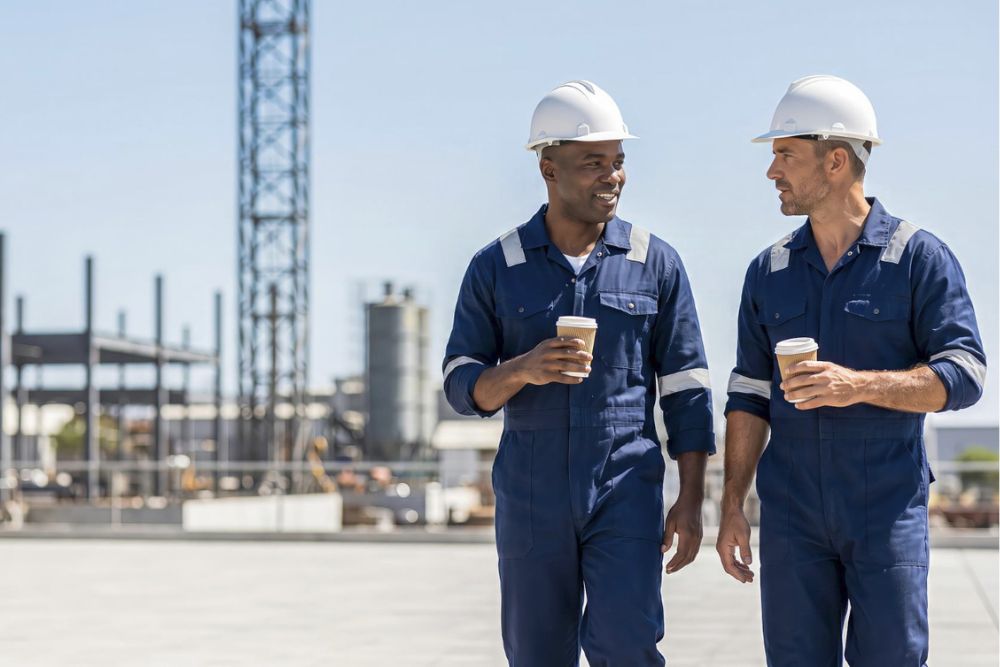 Two male construction workers in blue uniforms and white helmets holding coffee cups and talking