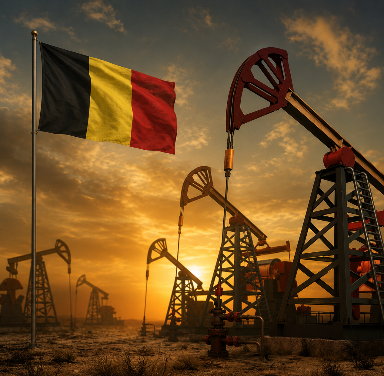 Oil pump jacks in a field at sunset with a Union Jack flag on a pole in the foreground.