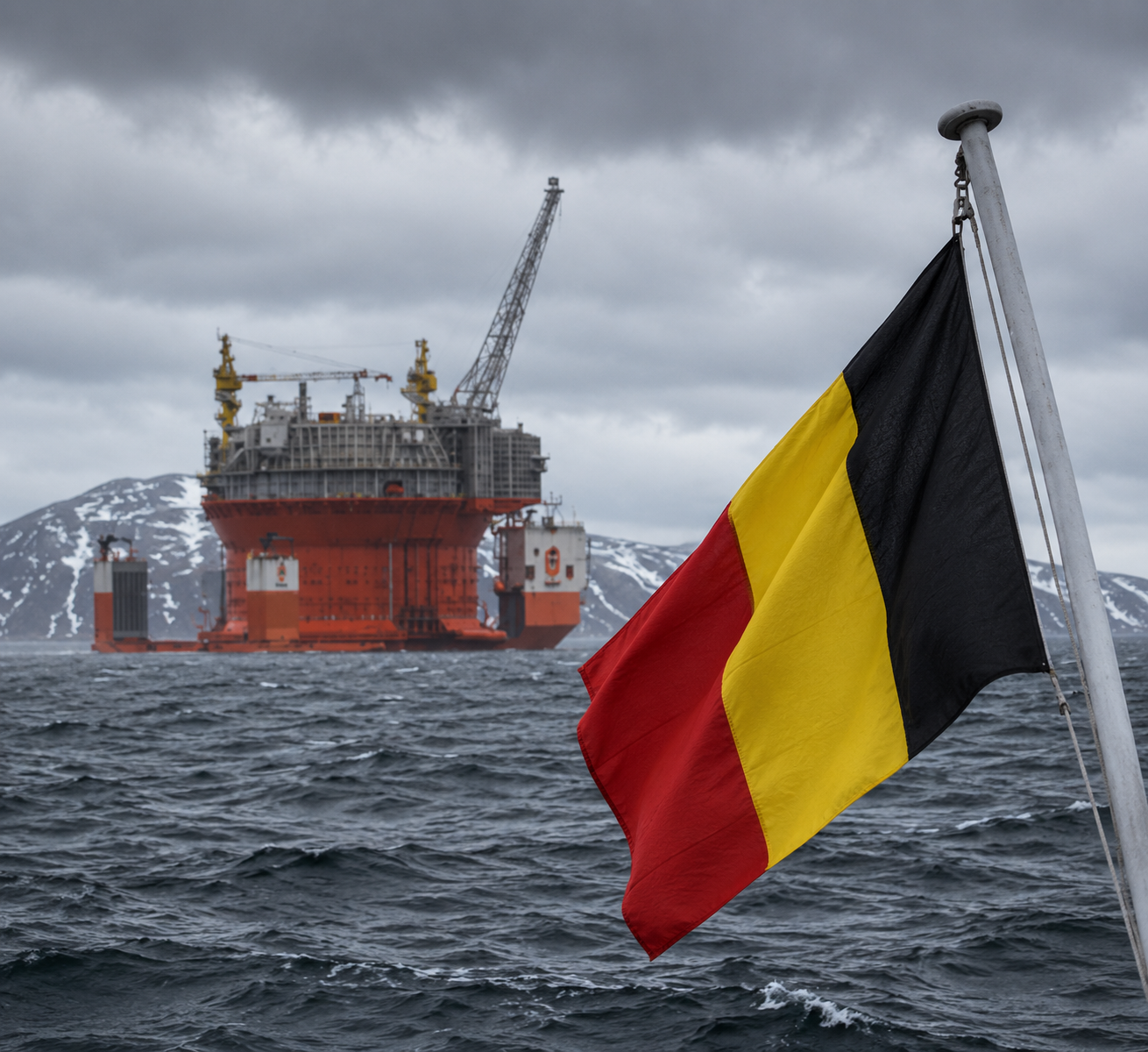 Union Jack flag waving on a pole over choppy sea with an orange offshore oil platform near snowy mountains.