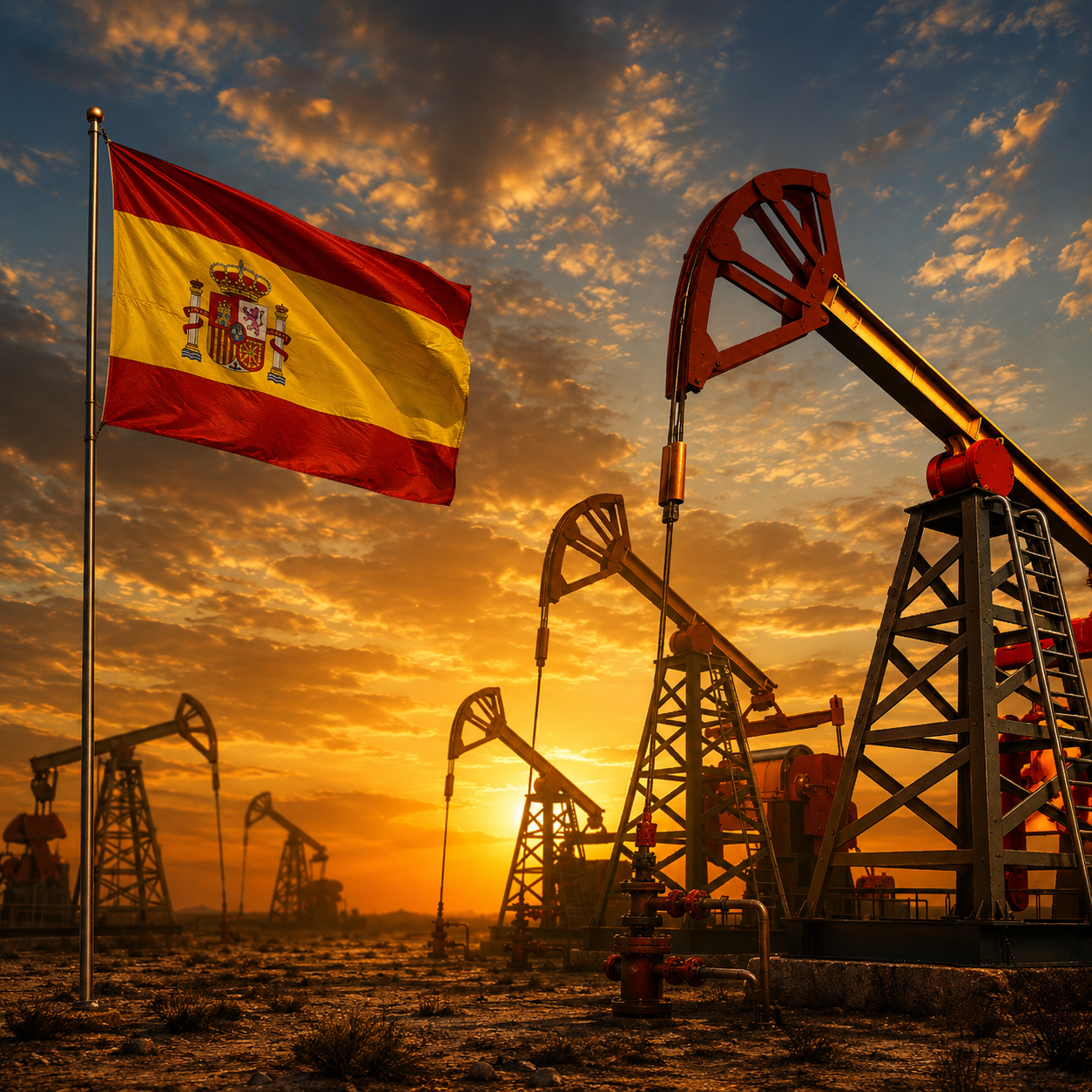 Oil pump jacks in a field at sunset with a Union Jack flag on a pole in the foreground.
