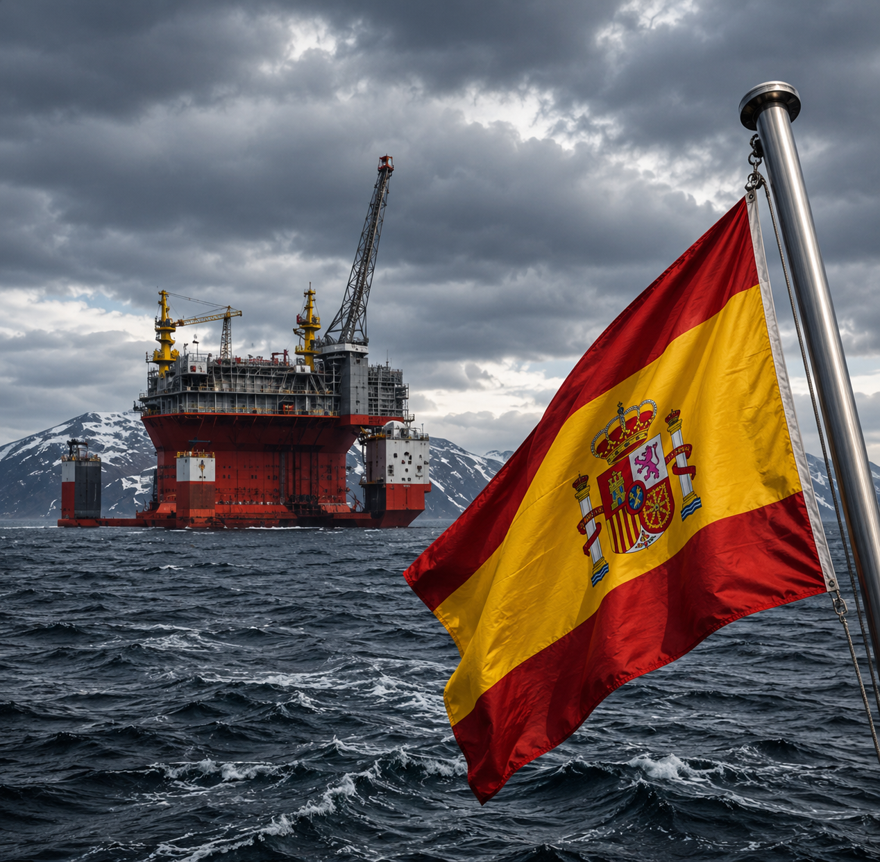Union Jack flag waving on a pole over choppy sea with an orange offshore oil platform near snowy mountains.