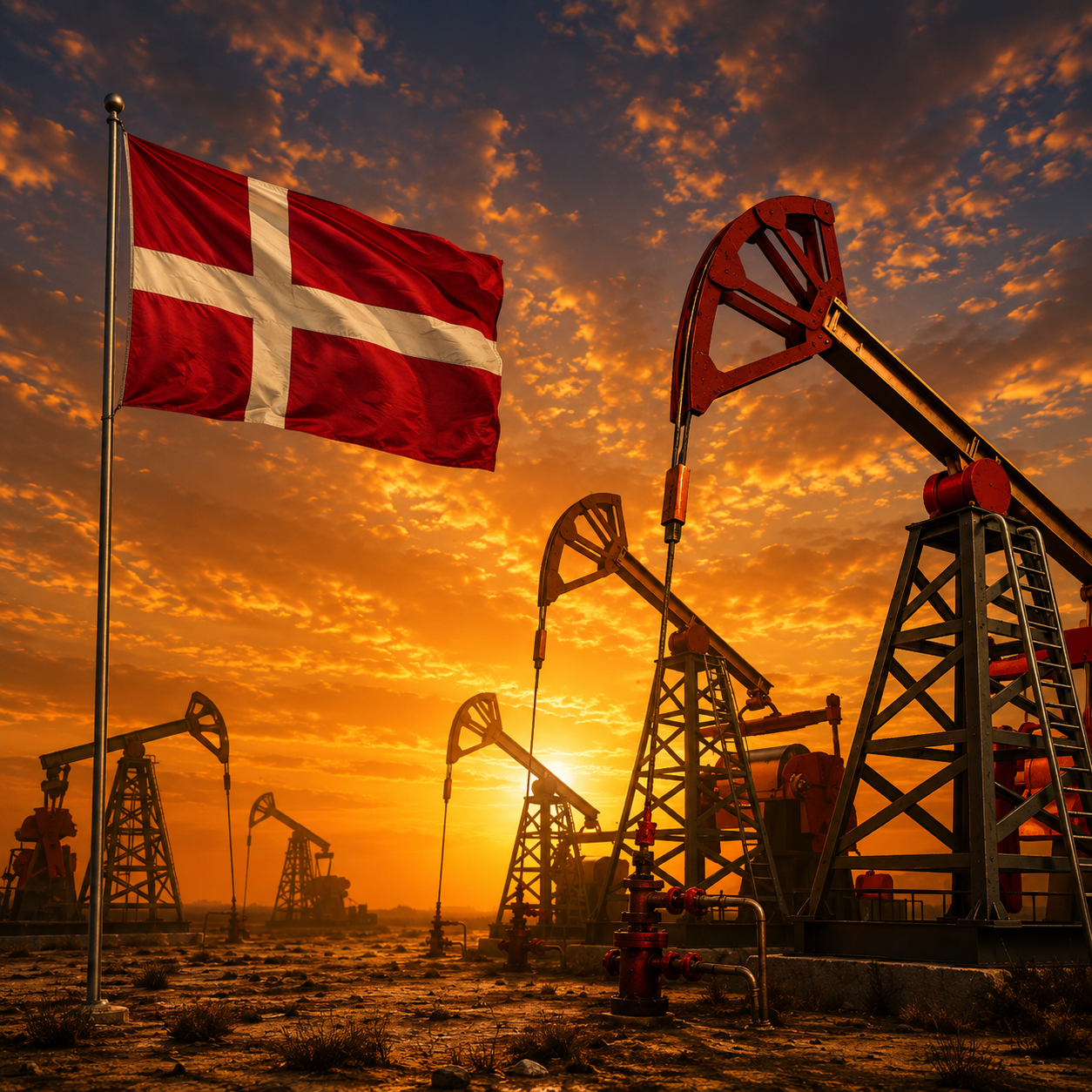 Oil pump jacks in a field at sunset with a Union Jack flag on a pole in the foreground.
